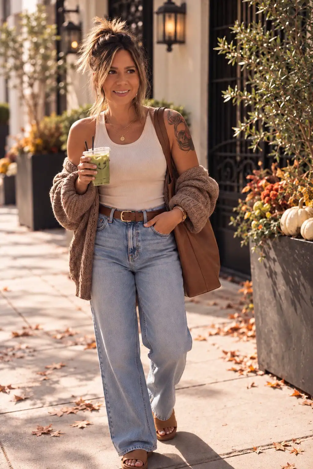 Chrystal Potter walking with a drink on an autumn sidewalk
